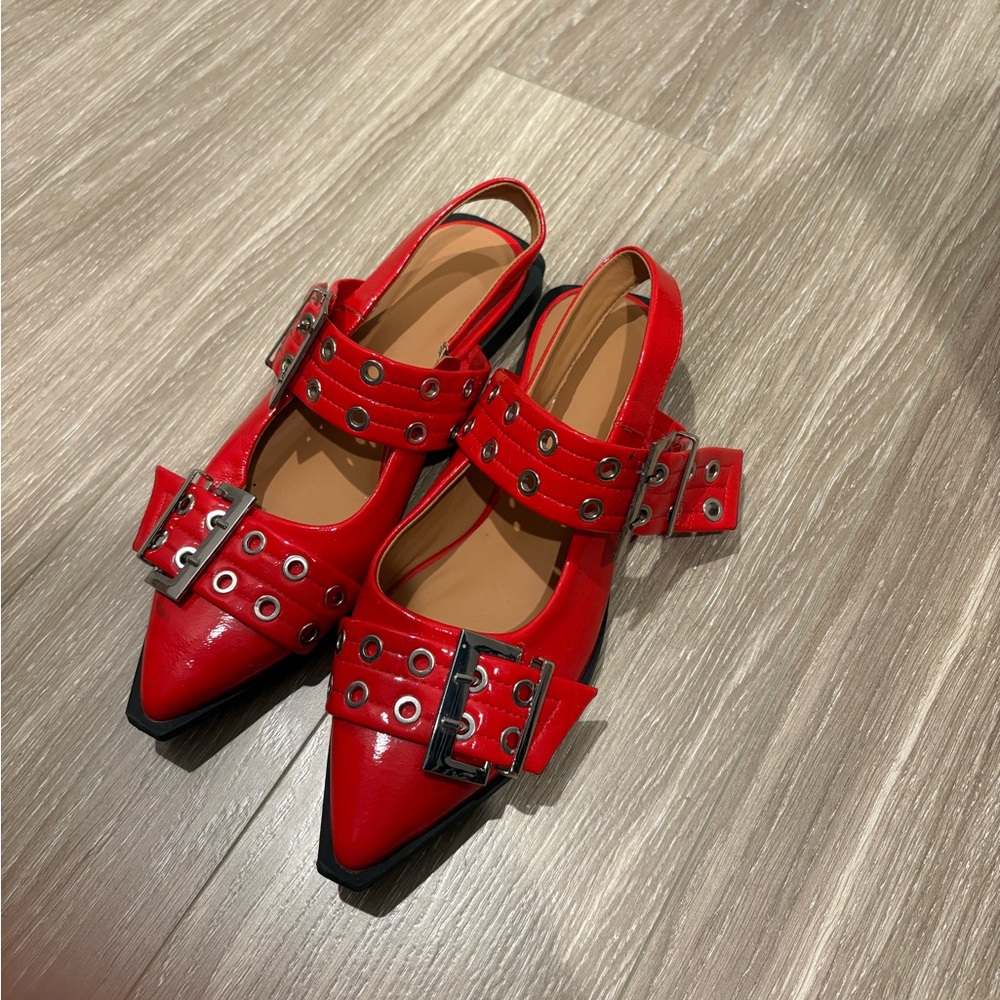 Red Slingback Flats with Buckle Detail